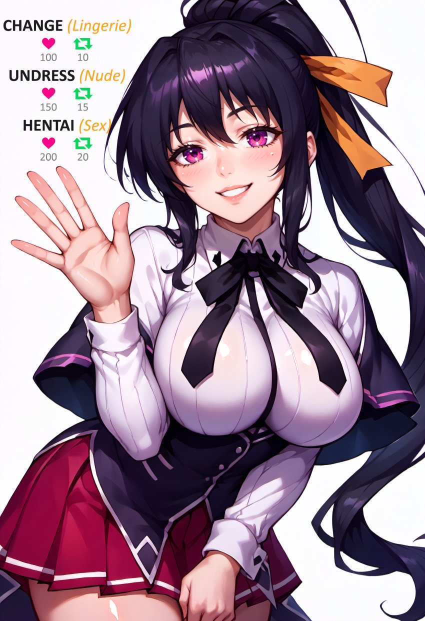 1girls ai_generated akeno_himejima artist_name black_hair breasts female hair_ribbon high_resolution high_school_dxd highres ponytail stable_diffusion waifuscans418 waving