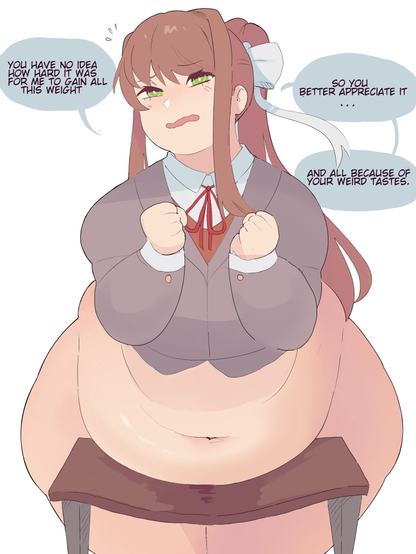 1girls 2024 bbw big_belly big_breasts blush chubby chubby_female color doki_doki_literature_club green_eyes huge_belly monika_(doki_doki_literature_club) morbidly_obese napolitane plump ponytail tagme talking_to_viewer weight_gain