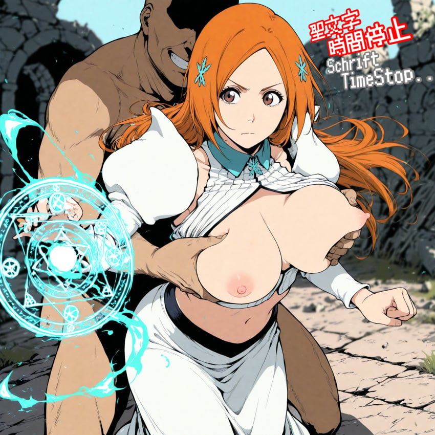 ai_generated bleach flashing_breasts grabbing_breasts grabbing_from_behind inoue_orihime large_breasts time_stop