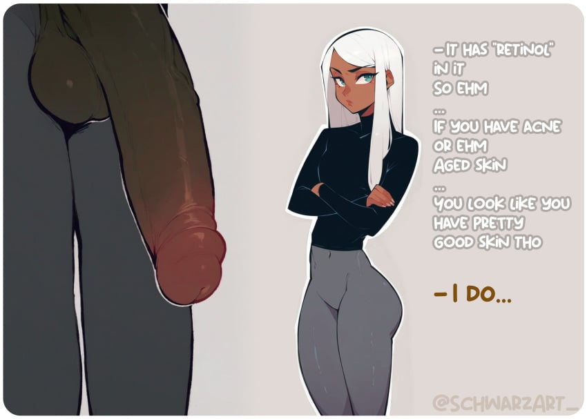 balls blue_eyes comic_page compression_shirt flashing flashing_penis grey_leggings interracial original_character schwarzart simple_background skin_tight tan_skin text white_hair