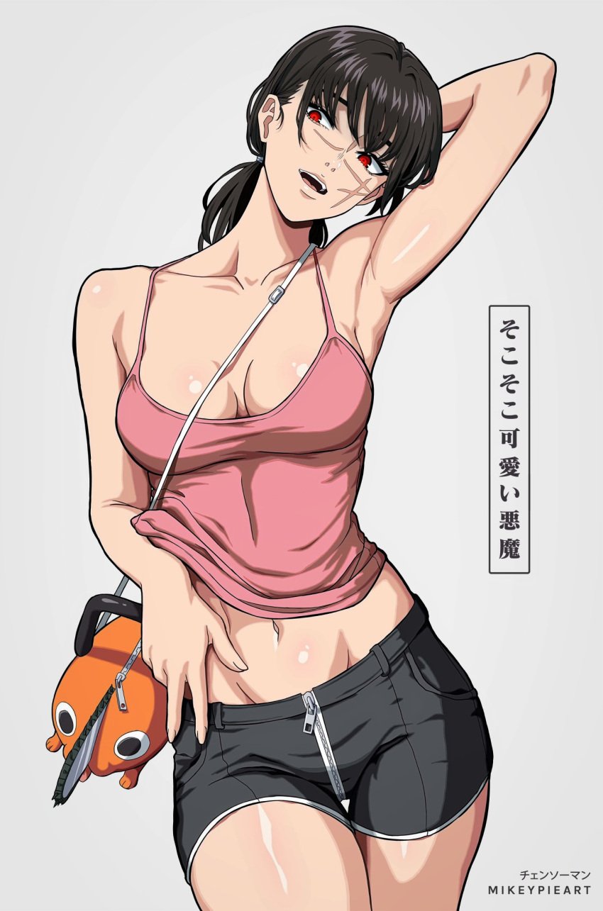 armpits big_breasts black_hair black_hair_female chainsaw_man cleavage crazy_eyes crazy_girl crazy_smile evil_smile midriff mikeypieart mitaka_asa red_eyes sadistic sadistic_girl sadistic_smile seductive seductive_gaze seductive_pose shadowed_eyes smiling_at_viewer toned_female yoru_(chainsaw_man)