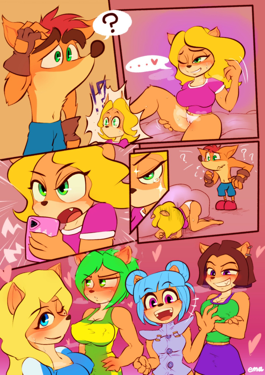 ? activision ami_bandicoot anthro aroused bandicoot blonde_hair blue_hair brown_hair clothing comic confusion crash_(series) crash_bandicoot ema_npr female furry furry_female furry_male green_eyes green_hair group hair heart hi_res isabella_bandicoot liz_bandicoot male mammal marsupial megumi_bandicoot nitro_squad panties tawna_bandicoot trophy_girls underwear video_games