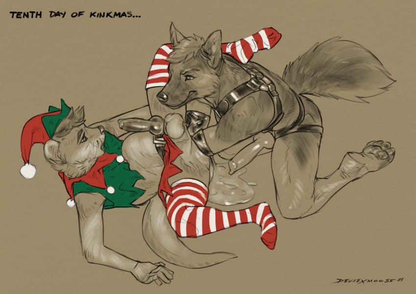 anthro belly bulge canid canine canis clothing deep_fisting deusexmoose domestic_dog duo ejaculation extreme_penetration fisting fisting_partner german_shepherd harness herding_dog hi_res holiday_clothing hootie kassel latex latex_clothing male male/male mammal mustelid otter pastoral_dog penetration