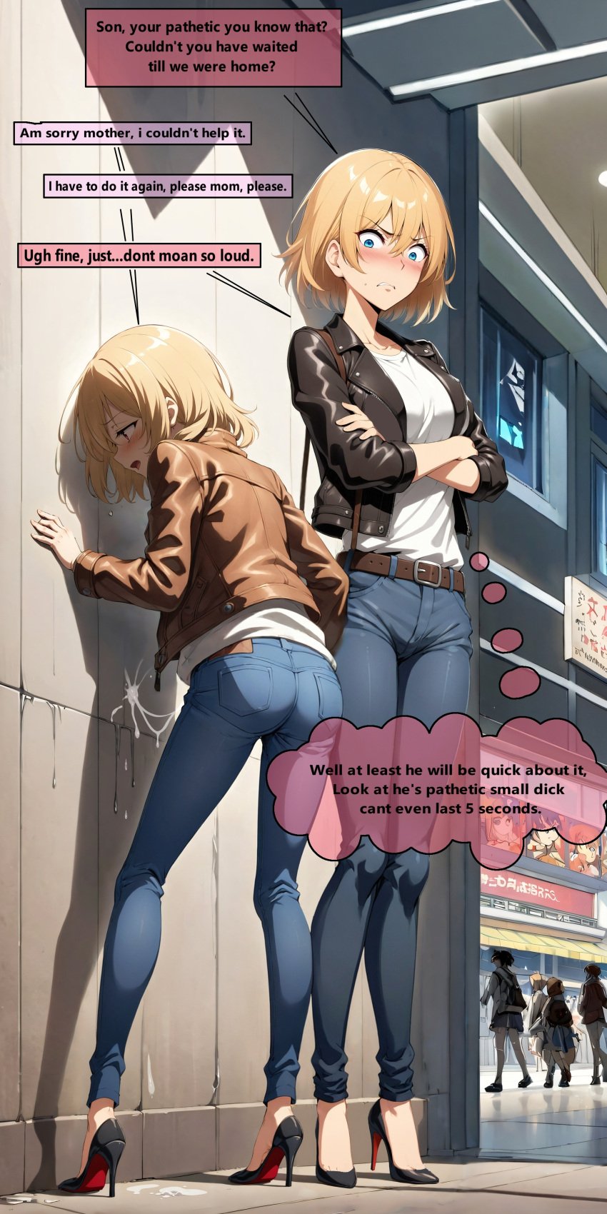 adult_and_teenager ai_generated anime_style blonde_hair blue_eyes blush bullying crossdressing crossdressing_male cum cum_drip disappointed ejaculating ejaculation embarrassed femboy femdom feminine feminine_male feminization high_heels jeans leather leather_bag leather_clothing leather_jacket masturbating masturbation mom_and_son mommy mommy_dom mommy_kink mother mother_and_son public public_masturbation shameless shopping shopping_mall short_hair sissy teenager text text_bubble wall watching watching_masturbation