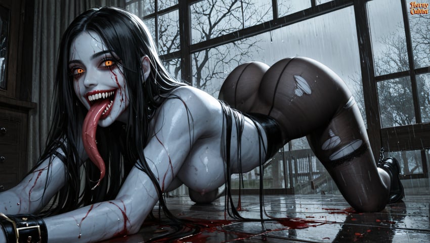 ai_generated blood breasts corruption creepypasta deviantart horny_cultist_artist horror long_tongue patreon possession raining ripped_pantyhose sharp_teeth topless wet