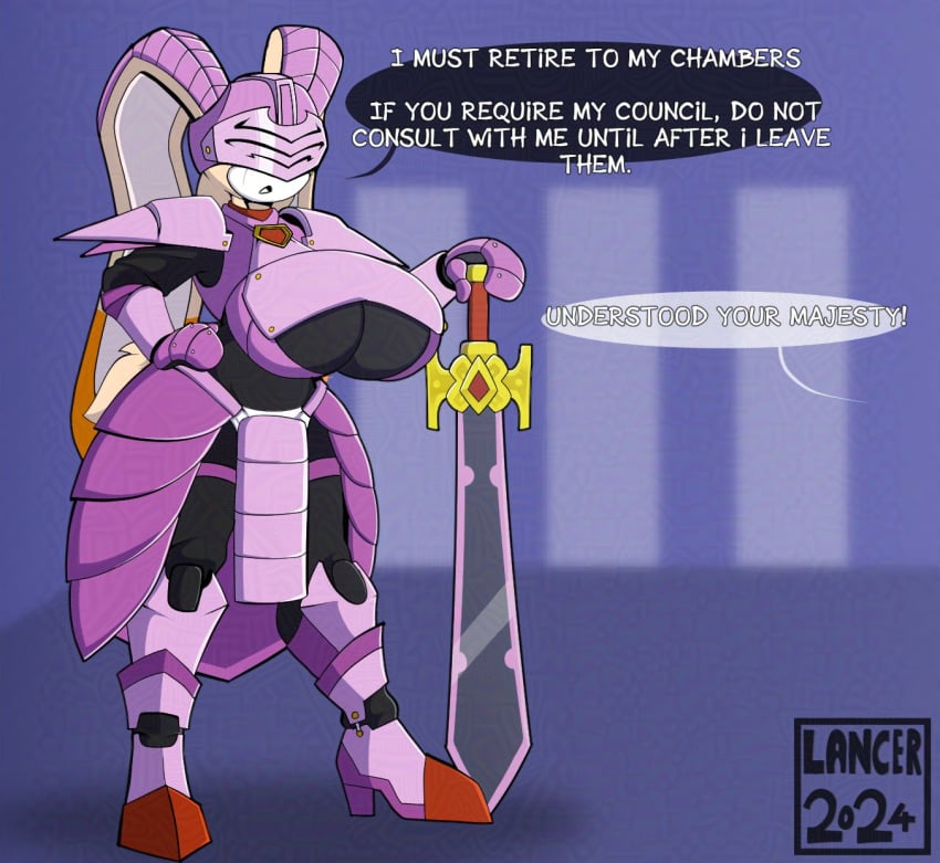 armor female furry huge_breasts knight mklancer00 sega sonic_(series) speech_bubble sword vanilla_the_rabbit