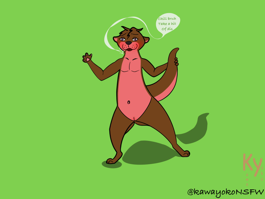 anthro asian_small-clawed_otter ass brown_body brown_fur digital_drawing_(artwork) digital_media_(artwork) female front_view fur genitals hair happy hi_res kawayoko looking_at_viewer mammal mustelid nude otter pussy signature simple_background smile solo tail text yoko_seabreeze