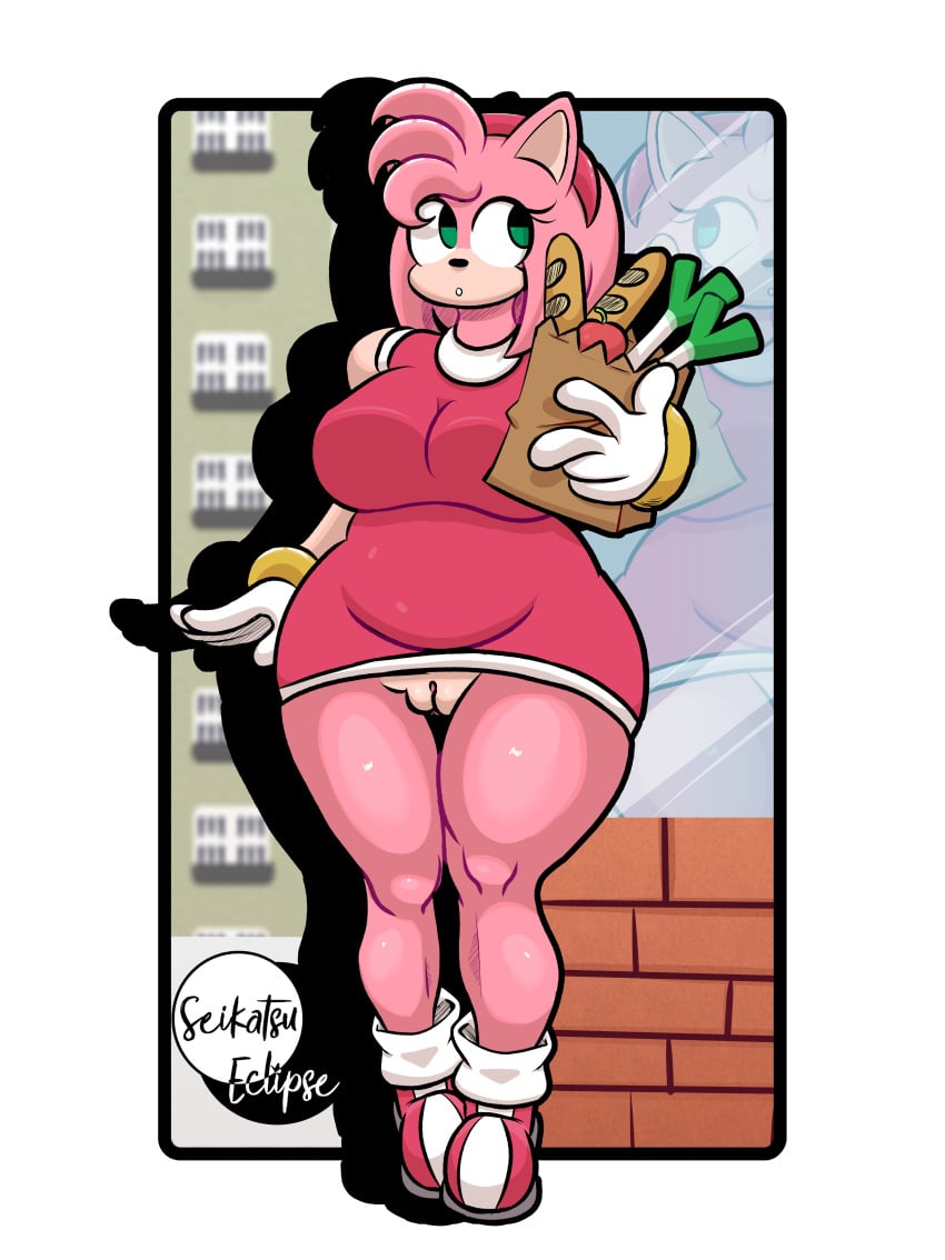 absurd_res accessory amy_rose anthro big_breasts bracelet breasts clothed clothing curvy curvy_female curvy_figure curvy_hips dress eulipotyphlan exposed_pussy eyelashes female food footwear front_view fur genitals gloves green_eyes groceries hair hair_accessory hairband handwear head_tuft hedgehog hi_res holding_food holding_groceries holding_object jewelry mammal mirror no_panties no_underwear pink_clothing pink_dress pink_footwear pink_hair pink_shoes pussy pussy_exposed sega seikatsueclipse shoes short_hair solo sonic_(series) sonic_the_hedgehog_(series) tan_body tan_fur thick_thighs thigh_gap tuft unaware white_clothing white_gloves white_handwear wide_hips