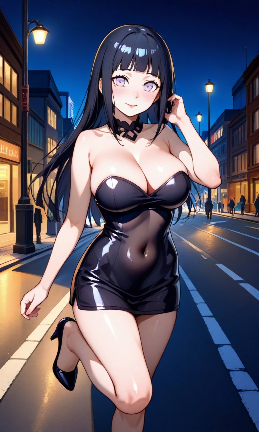 ai_generated big_breasts black_hair breasts choker dress high_heels hyuuga_hinata large_breasts latex_dress long_hair looking_at_viewer mini_dress naruto outcyli731 outdoors outside pink_eyes public smile stable_diffusion street