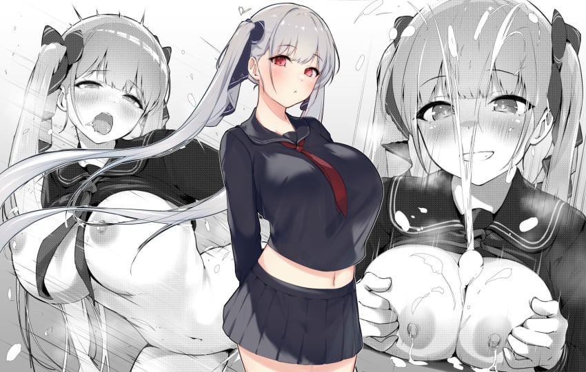 1boy arms_behind_back azur_lane big_breasts black_sailor_collar black_serafuku black_shirt black_skirt blush breasts breasts_squeezed_together clothes_lift commentary_request cum dermar female formidable_(azur_lane) grey_hair grin hair_ribbon highres large_breasts long_hair long_sleeves midriff_peek multiple_views navel nipples open_mouth paizuri partially_colored pleated_skirt projectile_cum red_eyes ribbon sailor_collar school_uniform serafuku sex shirt shirt_lift signature skirt smile standing straight teeth tongue tongue_out twintails twitching upper_teeth_only