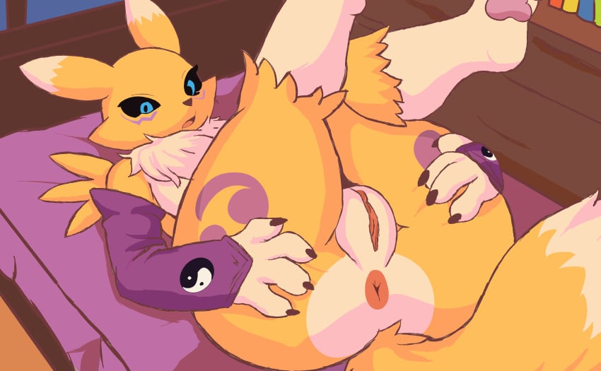 anthro anthro_only anus ass blue_eyes canid canine claw digimon digimon_(species) dinim eyelashes female fox fur furry furry_only genitals legs_up looking_at_viewer markings mostly_nude open_mouth presenting_pussy pussy renamon spreading tail