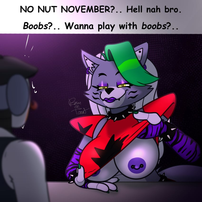 2024 2d 2d_(artwork) 2d_artwork anthro artist_logo artist_name beanontoast big_breasts boobs?_wanna_touch_boobs? dialogue five_nights_at_freddy&#039;s five_nights_at_freddy&#039;s:_security_breach furry furry_female green_hair grey_fur grey_hair lifting_shirt meme one_breast_out piercing purple_earrings purple_nipples roxanne_wolf_(fnaf) wolf wolf_ears wolf_girl