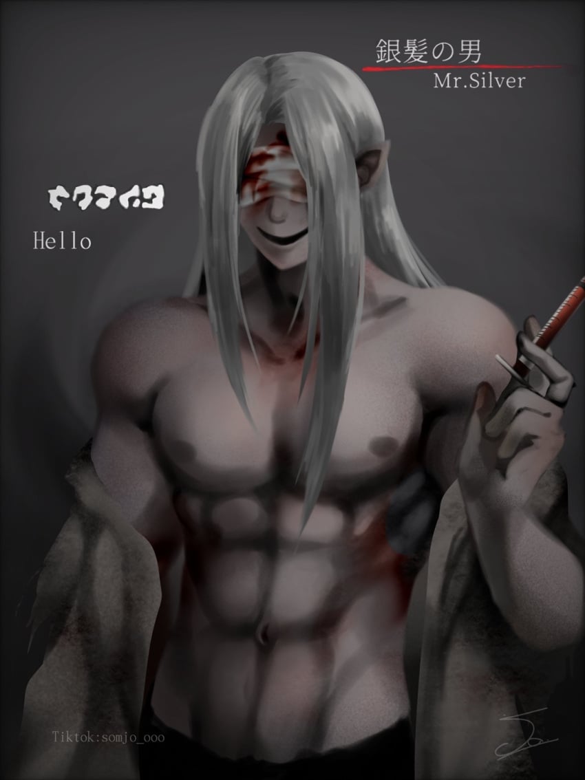 bandage bandages bandages_over_eyes blood blood_on_body blood_on_face blood_on_hand bloody_bandage dialogue fictional_language gray_body greeting greeting_viewer grey_body grey_skin grey_skin homicipher monster mr.silver muscular muscular_male open_labcoat pointy_ears silver_hair teratophilia text