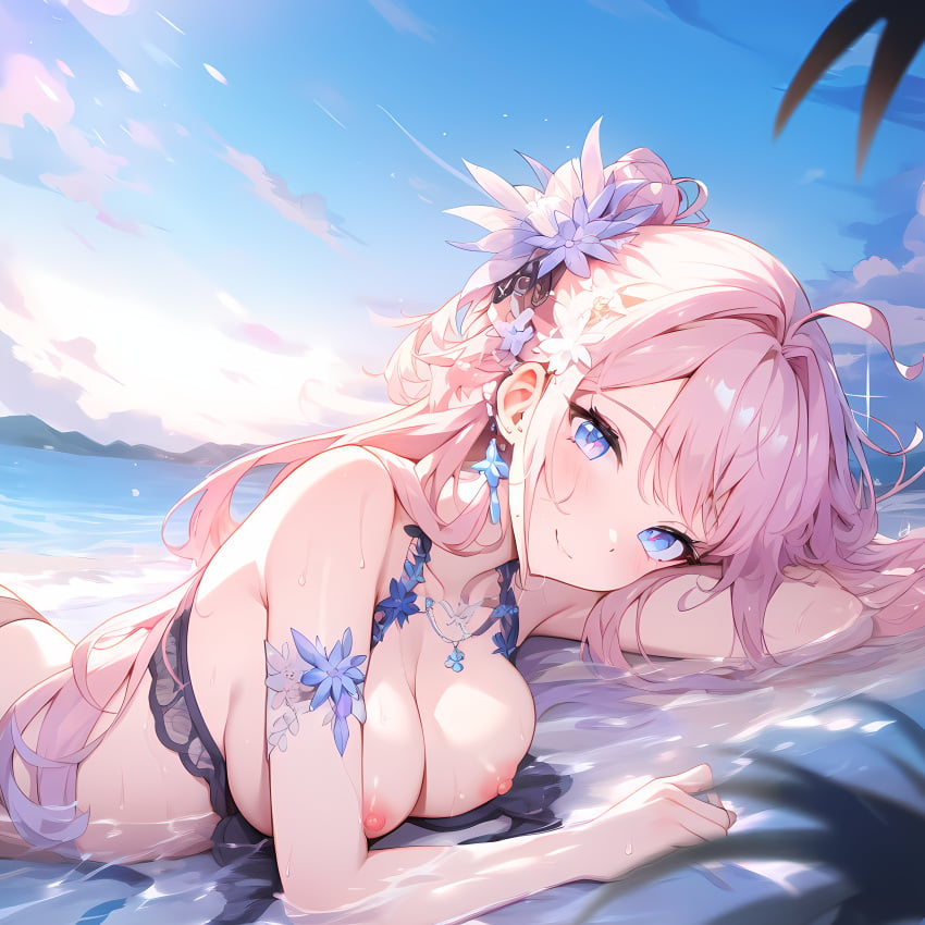 ai_generated beach big_breasts bikini blue_eyes breasts breasts_out color facing_viewer female female_focus female_only flower flower_in_hair hair_flower hair_ornament large_breasts long_hair looking_at_viewer lying lying_on_side nipples original original_character pink_hair removed_bra removed_clothing seaside smile smiling smiling_at_viewer solo solo_female solo_focus untied untied_bikini upper_body water