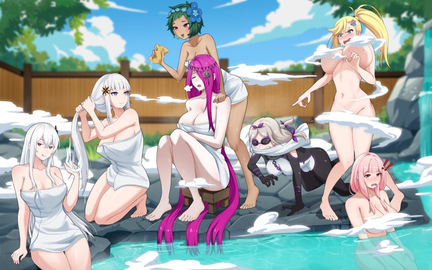 6+girls abirdeer absurdres aged_up angry bathhouse big_breasts blonde_hair blue_eyes blue_sky blush breasts brown_eyes carmilla_(re:zero) cloud convenient_censoring daphne_(re:zero) drying drying_hair echidna_(re:zero) feet fence flower goggles green_hair grey_hair hair_between_eyes hair_flower hair_ornament hair_over_one_eye highres jewelry large_breasts leaves long_hair medium_breasts minerva_(re:zero) multiple_girls on_floor onsen pink_eyes pink_hair ponytail pool poolside purple_eyes purple_hair re:zero_kara_hajimeru_isekai_seikatsu red_eyes rock satella_(re:zero) sekhmet_(re:zero) sharp_teeth short_hair side_ponytail sitting size_difference sky smile steam steam_censor teeth thick_thighs thighs towel towel_around_waist tree typhon_(re:zero) water wet white_hair wide_hips