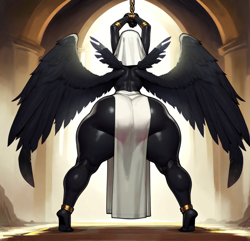 1girls ai_generated angel angel_girl angel_wings ass black_body breast_curtains busty curvy_figure female female_focus huge_breasts oc original original_character sweaty thick_thighs wings