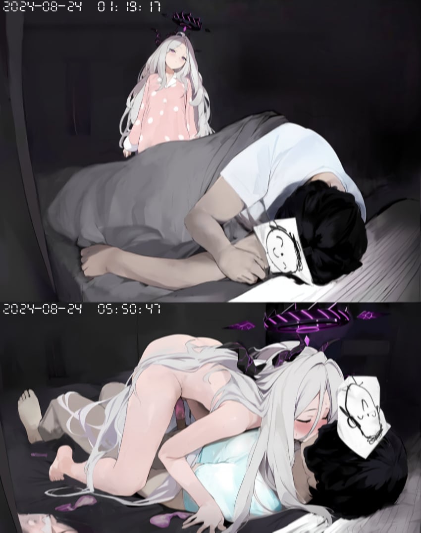 1boy 2koma absurdres ass assertive_female bed bedroom black_hair black_horns blue_archive blush clock clockshow closed_eyes comic commentary completely_nude condom condom_on_penis cowgirl_position demon_girl demon_horns doodle_sensei_(blue_archive) english_commentary female french_kiss hair_down hair_spread_out halo highres hina_(blue_archive) hina_(pajamas)_(blue_archive) horns kissing long_hair lying nude official_alternate_costume on_back on_bed penis petite sensei_(blue_archive) sex shirt short_hair sleep_molestation sleeping smewed solo_focus straight thighs timestamp used_condom very_long_hair white_hair white_shirt