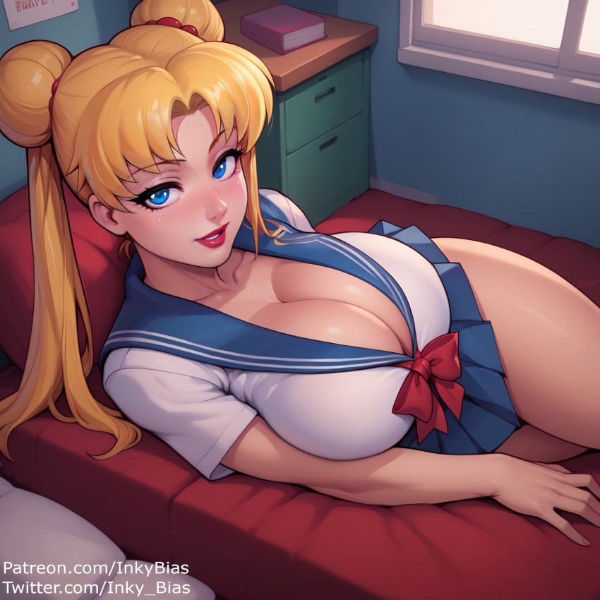 1girls 2024 2024s accessory ai_generated asian asian_female bed big_breasts bishoujo_senshi_sailor_moon blonde blonde_female blonde_hair blonde_hair_female blue_skirt breasts cleavage clothed clothing female female_focus female_only hair hair_accessory huge_breasts inky_bias large_breasts light-skinned_female lipstick looking_at_viewer lying lying_on_bed on_bed pale-skinned_female pov pov_eye_contact red_lipstick sailor_moon sailor_uniform school_uniform schoolgirl schoolgirl_uniform short_skirt skirt solo solo_female solo_focus stable_diffusion staring staring_at_viewer thick_thighs thighs tsukino_usagi twintails usagi_tsukino wide_hips window