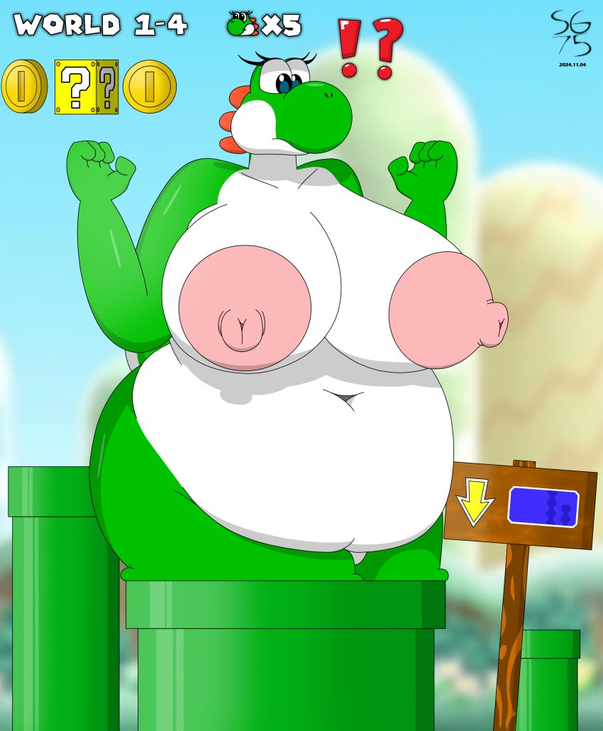 2024 ?_block areola ass ass background bbw belly_button big_areola big_ass big_belly big_breasts big_breasts big_breasts big_butt big_nipples breasts breasts breasts chubby chubby_anthro chubby_belly chubby_female coin deep_navel dinosaur dinosaur_humanoid green_body green_yoshi hud mario_(series) navel nintendo nipple_holes nipples overweight overweight_anthro overweight_female pink_nipples pipe pussy sign solandgamer75 stuck stuck_in_pipe surprised surprised_expression tube white_belly yoshi