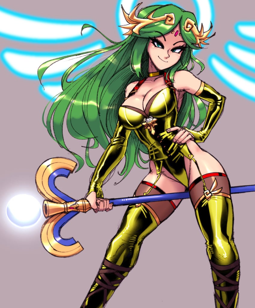 1girls alternate_color choker corset dominatrix edit fingerless_gloves garter_belt gingrjoke green_eyes green_hair kid_icarus latex long_gloves nintendo palutena solo_female staff tagme thighhighs third-party_edit