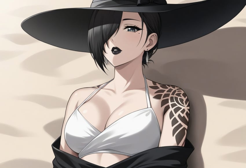 ai_generated akeha beach big_breasts bikini black_hair black_skirt female hair_between_eyes hat large_breasts looking_at_viewer lying mature_female nier_(series) nier_reincarnation pale-skinned_female pale_skin shoulder_tattoo