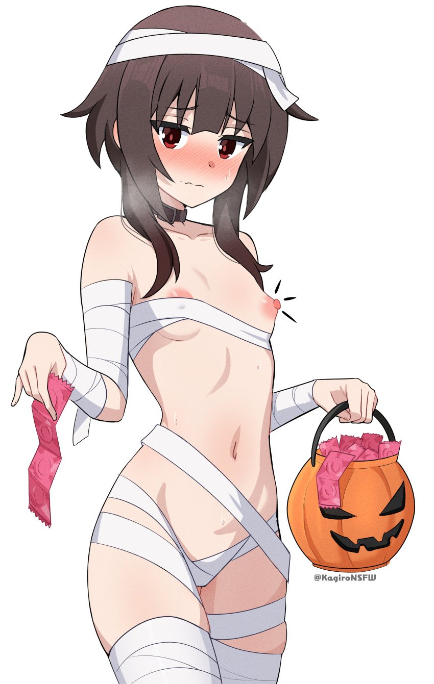 1girls blush brown_hair bucket choker condom condom_wrapper costume female halloween holding_object kagironsfw kono_subarashii_sekai_ni_shukufuku_wo! little_girl megumin mummy nipple_bulge partially_clothed petite petite_body petite_female pumpkin pumpkin_bucket red_eyes short_girl short_hair small_breasts solo solo_female sweat youjo