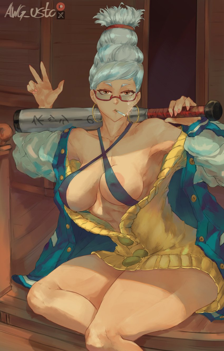 abs awg_usto ayase_seiko big_breasts dandadan fit_female gilf grandmother granny smoking thick_thighs white_hair