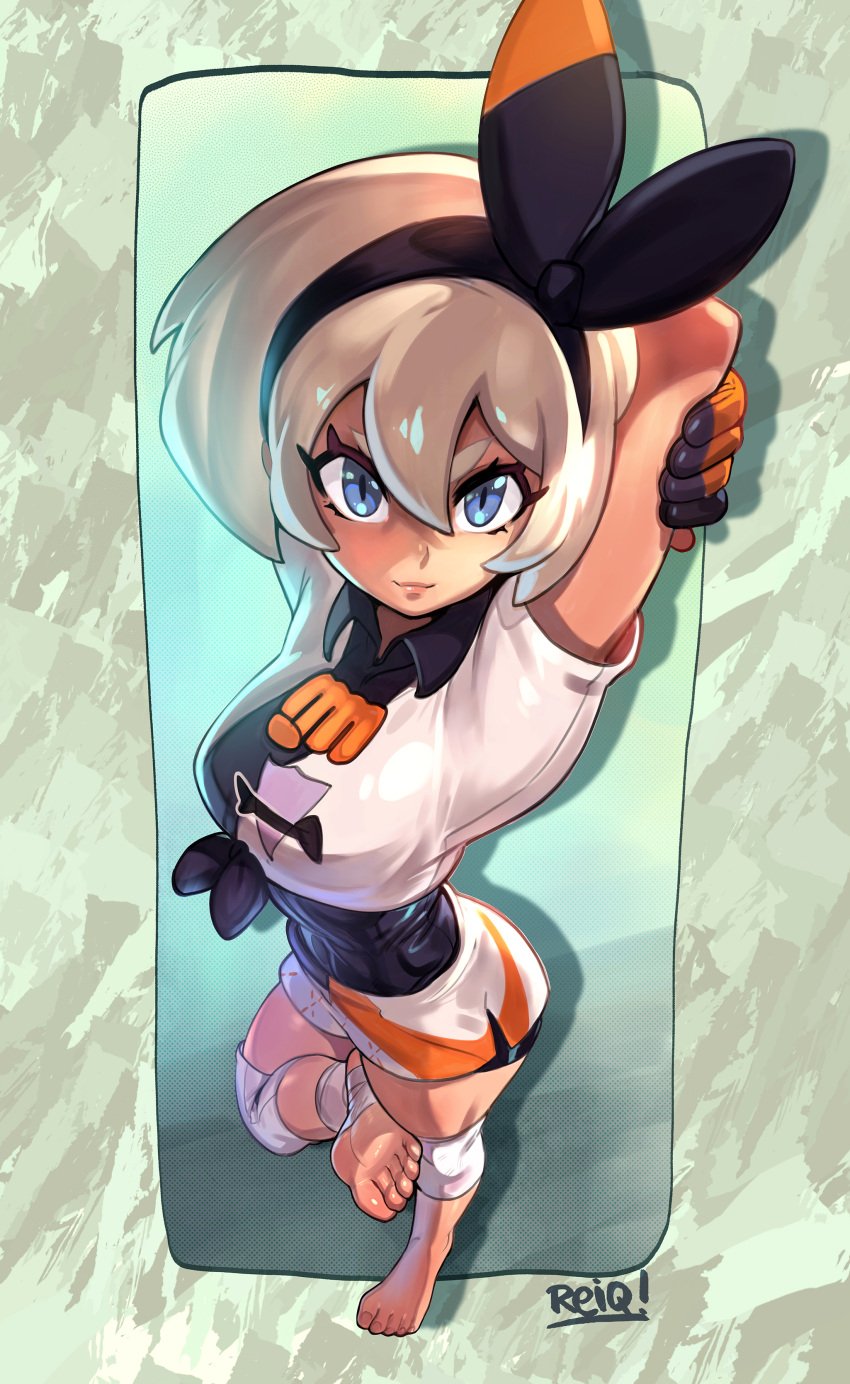 bea_(pokemon) blue_eyes female gym_leader looking_at_viewer nintendo pokemon pokemon_ss reiq soles solo stirrup_legwear stretching white_hair