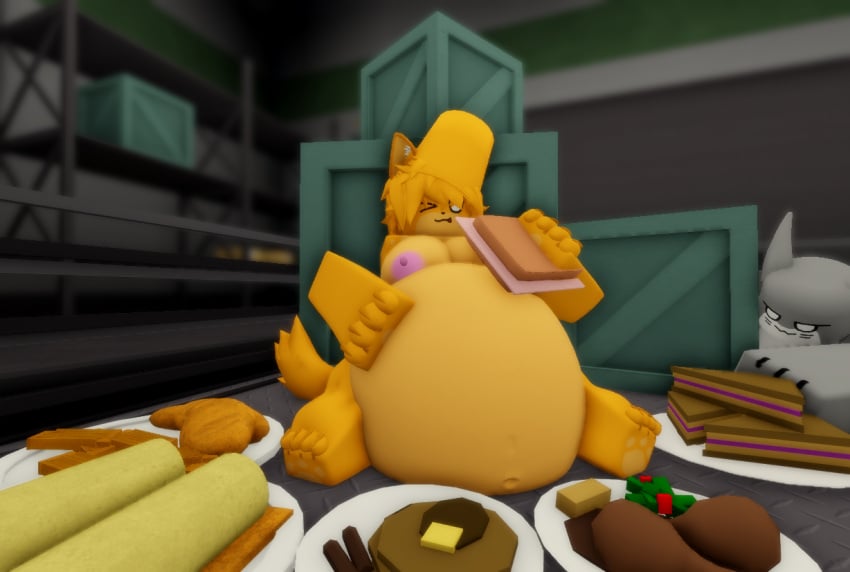 1girls 3d ambiguous_gender anthro breasts catte_(kaiju_paradise) chubby eating female food furry happy_expression kaiju_paradise pink_nipples ravenuwu roblox roblox_game robloxian self_upload shark shork_(kaiju_paradise) stealing tagme weight_gain