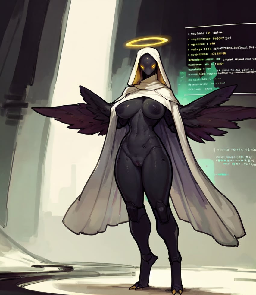 1girls ai_generated angel angel_girl angel_wings anus ass black_body breast_curtains busty curvy_figure female female_focus huge_breasts legs_spread oc original original_character pussy sweaty thick_thighs wings