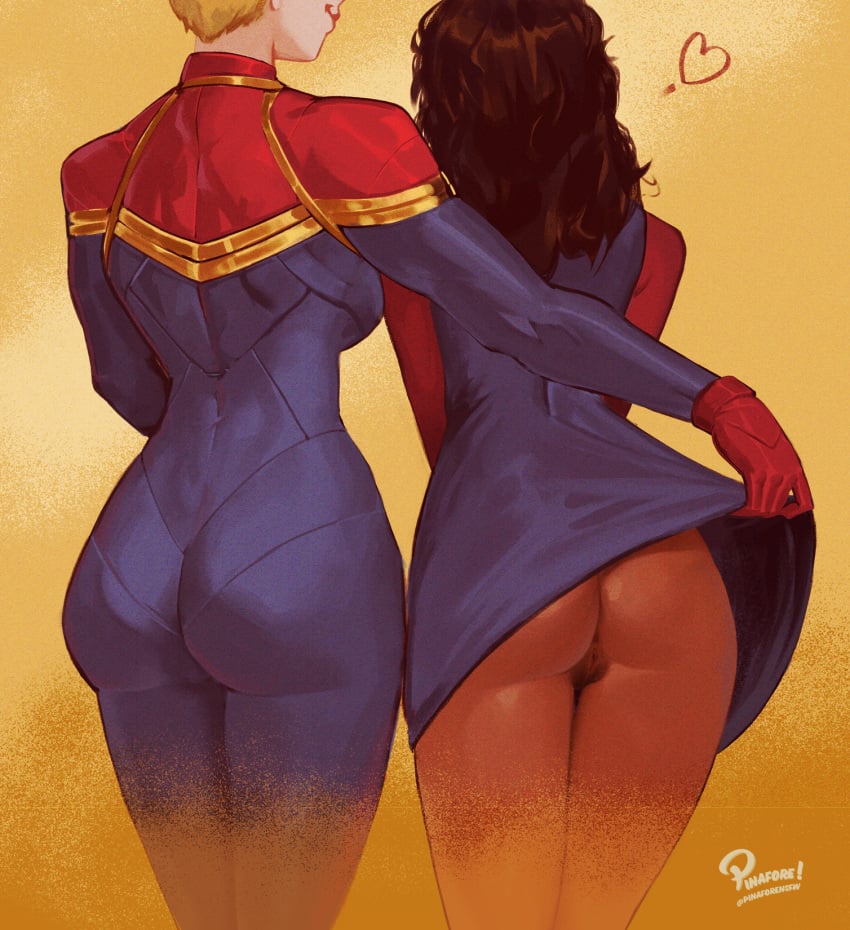 2girls ass ass_focus assisted_exposure back_view bodysuit booty bottomless captain_marvel captain_marvel_(movie) carol_danvers chocolate_and_vanilla clothed clothed_female dark-skinned_female dark_skin dress female female_only flashing flashing_pussy from_behind gloves heart heroine innocent kamala_khan lifting lifting_skirt light-skinned_female light_skin long_hair marvel marvel_cinematic_universe marvel_comics ms._marvel ms._marvel_(kamala_khan) ms._marvel_(series) multiple_girls nerd nerdy_female no_panties panties pantylines pinafore_(artist) pubic_hair pubic_hair_peek pussy_peek rear_view short_hair slut_collar smile superheroine tagme watermark yuri