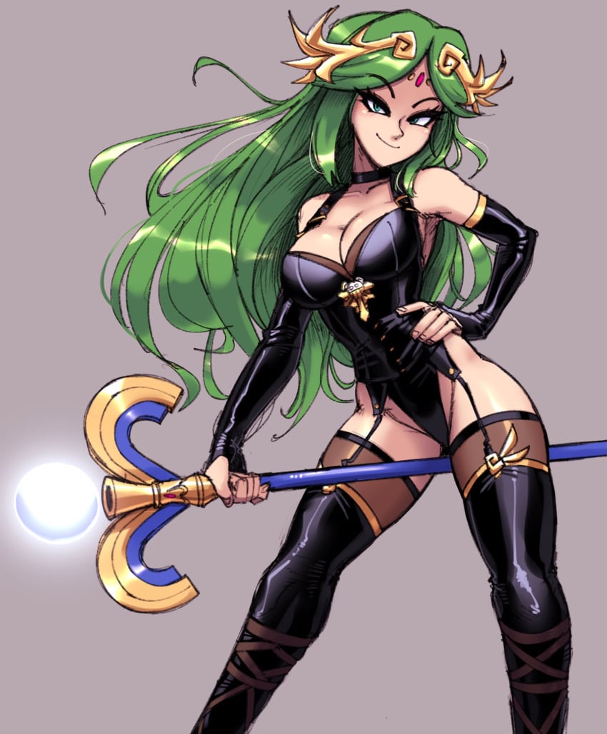 1girls bustier choker corset dominatrix fingerless_gloves garter_belt gingrjoke green_eyes green_hair kid_icarus latex long_gloves nintendo palutena solo_female staff tagme thighhighs