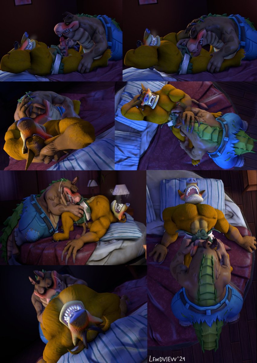 3d_(artwork) activision anthro arched_back bed bedroom bedroom_sex belly big_belly blush bodily_fluids bottomwear canid canine canis clenched_teeth closed_eyes clothed clothing clothing_lift crash_(series) crocodile crocodilian cum dasyuromorph digital_media_(artwork) dingo dingodile duo eyebrows fr34ky4urry123 furniture genital_fluids genitals handjob happy happy_sex head_in_crotch hi_res hybrid lewdview loincloth loincloth_lift looking_at_another looking_pleasured lying lying_and_blow_position male male/male mammal marsupial muscular muscular_anthro muscular_male on_back on_bed open_mouth orgasm orgasm_face overweight overweight_anthro overweight_male pants pecs penile penis pillow raised_eyebrows raised_head recently_extinct_species reptile romantic romantic_couple romantic_sex scalie sequence sex source_filmmaker_(artwork) sucked_silly sucking tail teeth thylacine tiny_tiger tongue topless