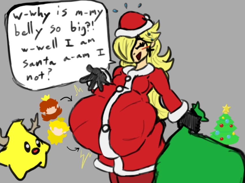 christmas luma mario_(series) princess_daisy princess_peach princess_rosalina same_size_vore santa_costume soft_vore struggling struggling_prey super_mario_galaxy unwilling unwilling_prey vore vore_belly watermelonartist