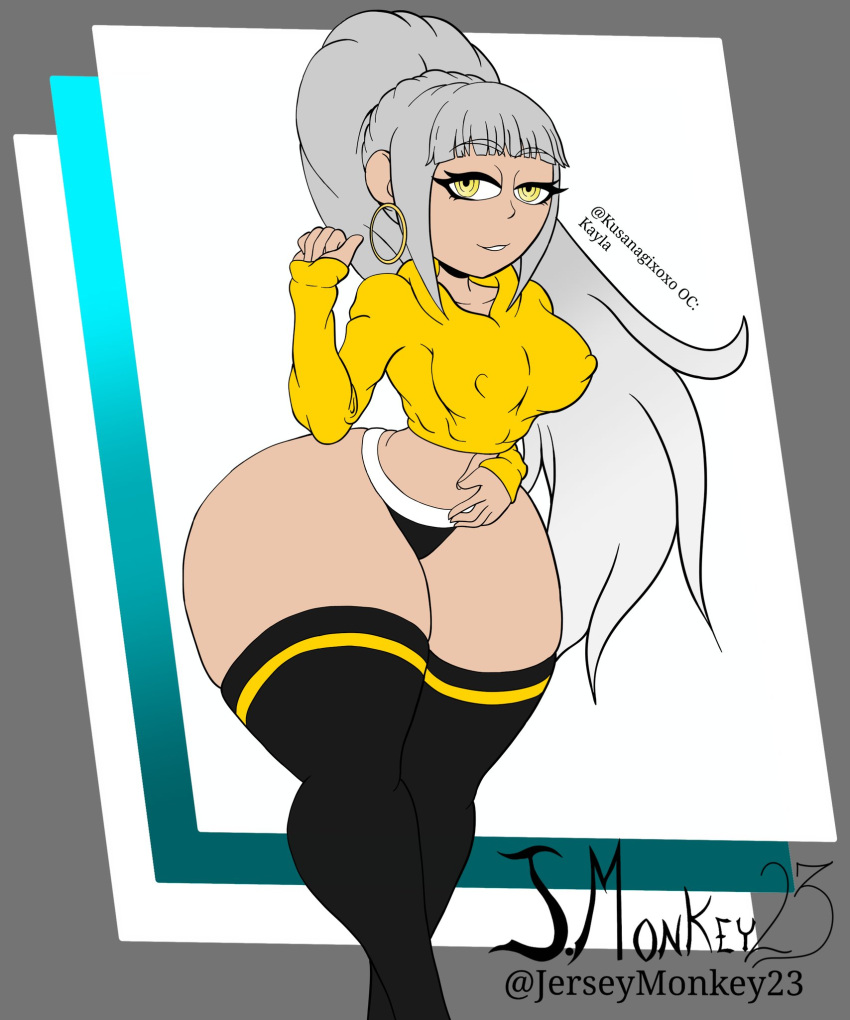 big_ass big_eyelashes earrings female female_only grey_hair hoodie j.monkey23 kayla_(kusanagixoxo) kusanagixoxo long_hair nipple_bulge pinup ponytail tan_skin thick_thighs thighhighs thighs underwear wide_hips yellow_eyes