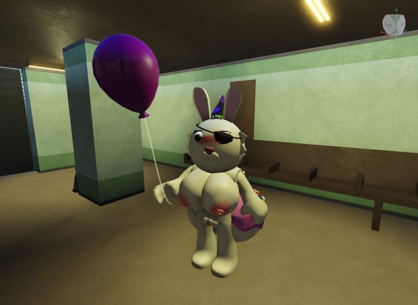 1girls 3d adorablebunny17 ass balloon big_ass big_breasts birthday_hat breasts bunny_(piggy) completely_naked completely_nude eyepatch female female_focus female_only hat piggy_(game) roblox roblox_game roblox_studio solo