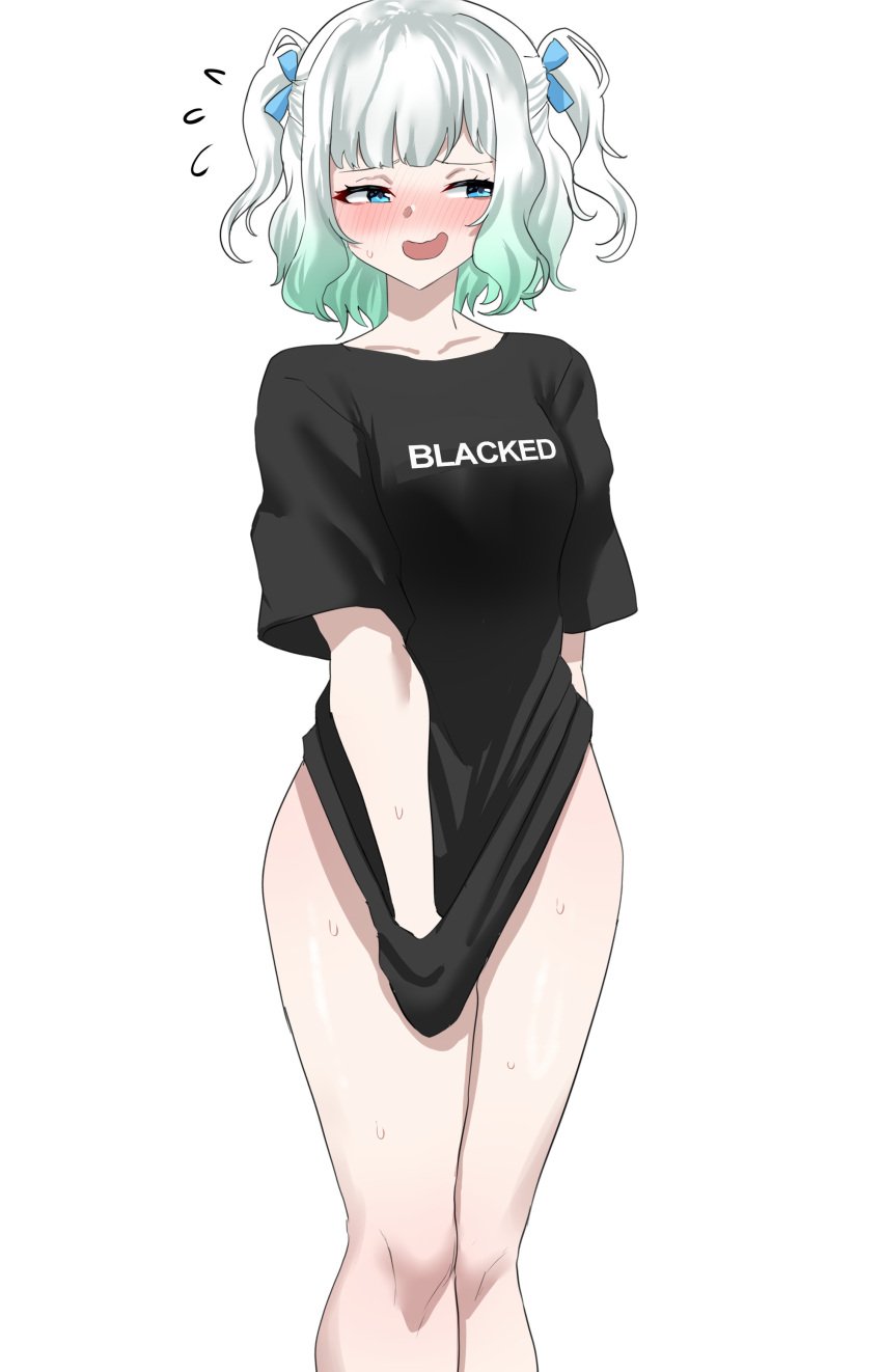 absurdres alternate_costume bare_legs blacked blush bottomless embarrassed female female_only gradient_hair highres indie_virtual_youtuber mint_fantome naked_shirt pale-skinned_female pale_skin redi_(rasec_asdjh) shirt simple_background solo solo_female t-shirt virtual_youtuber white_background