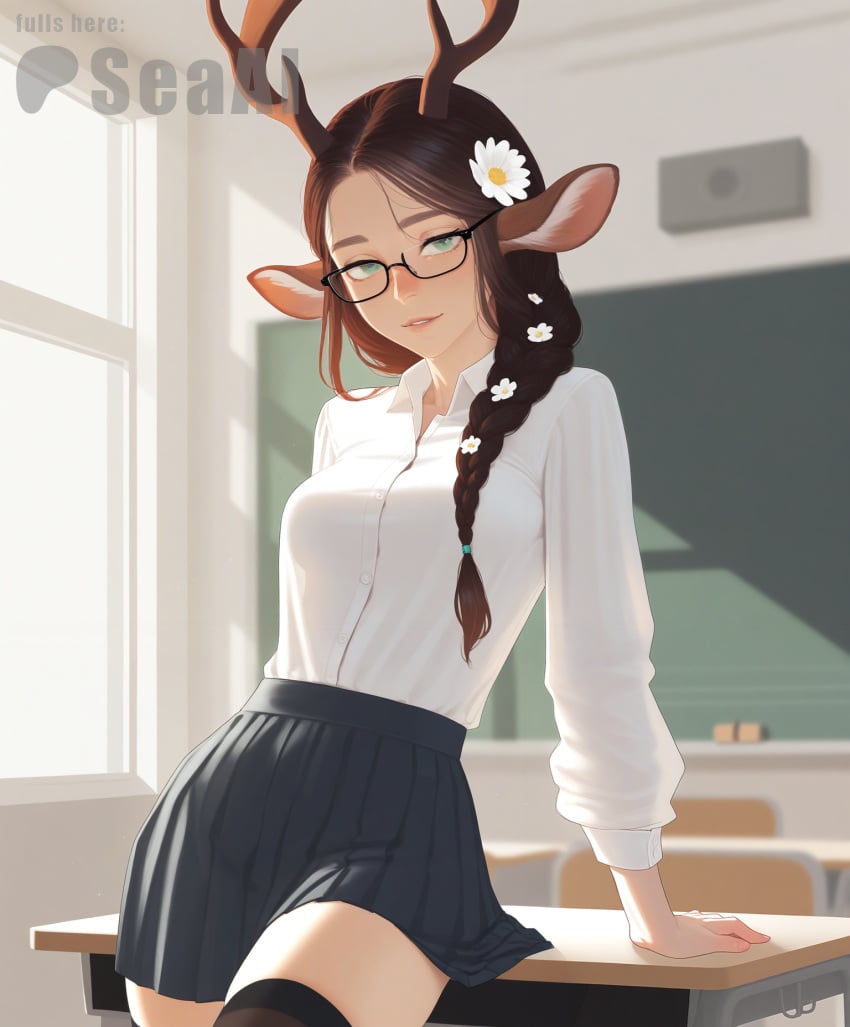 1girls ai_generated anthro antlers classroom cowboy_shot deer_ears glasses looking_at_viewer original school_uniform seacreator solo standing stockings student teenager