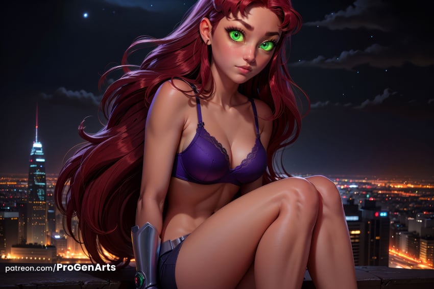 1girls ai_generated bare_shoulders boomerang_(tv_network) bra breasts cartoon_network cleavage closed_mouth collarbone colored_sclera dc dc_comics green_eyes green_sclera hi_res koriand'r lips long_hair looking_at_viewer medium_breasts navel night night_sky orange_skin outdoors progenarts purple_bra red_hair shorts sitting sky solo starfire superhero superheroine teen_titans underwear warner_brothers web_address