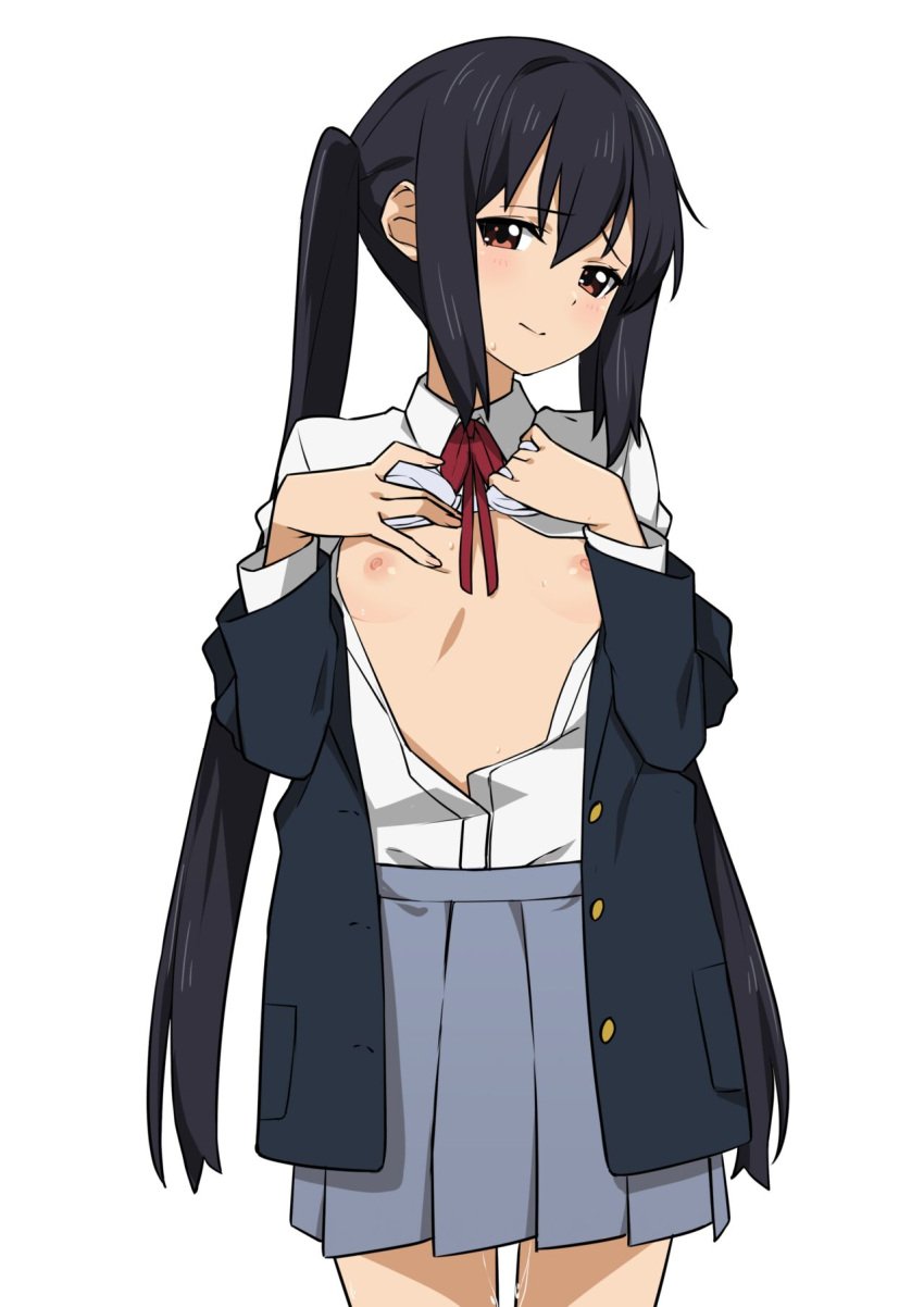 1girls azusa_nakano_(k-on!) black_hair blush bra bra_lift breasts_out brown_eyes cute dark_blue_hair exposed_breasts female female_focus female_only flashing flashing_breasts flat_chest fringe head_tilt innocent k-on! long_hair long_twintails looking_at_viewer morisobo open_shirt pale-skinned_female petite pigtails pussy_juice pussy_juice_drip red_eyes school_uniform schoolgirl shy simple_background skinny skirt_lift slim small_breasts sweatdrop teenage_girl teenager twintails unbuttoned_shirt wet_legs white_background young young_female young_girl young_woman