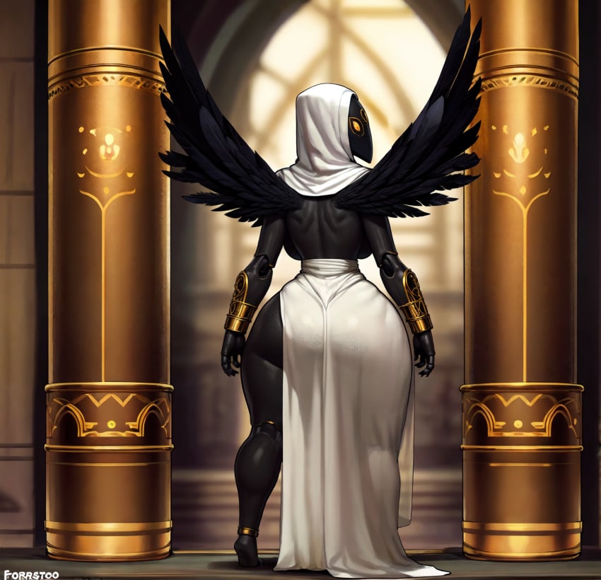 1girls ai_generated angel angel_girl angel_wings ass black_body breast_curtains busty curvy_figure female female_focus huge_breasts oc original original_character sweaty thick_thighs wings