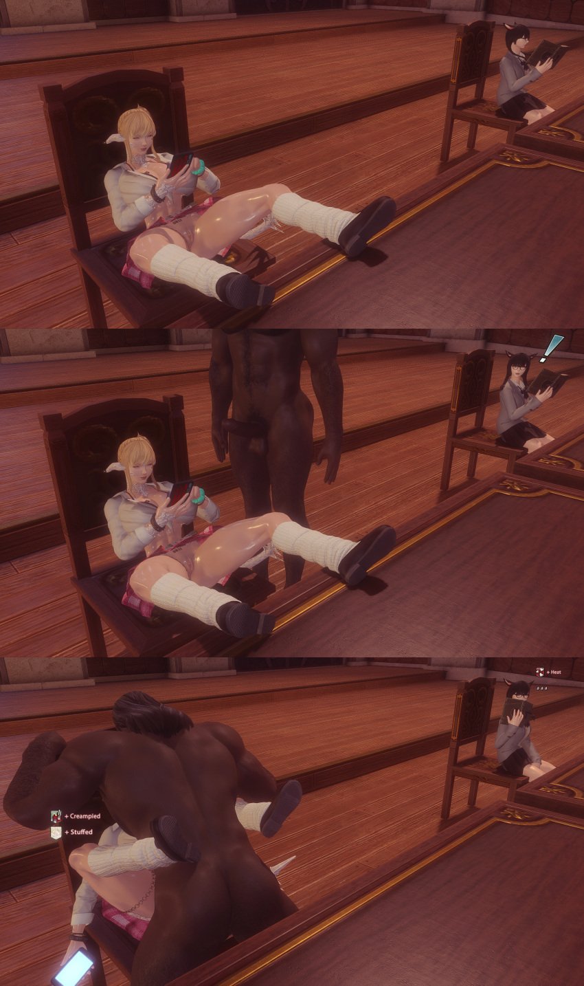 1boy 2girls altergheist au_ra big_breasts black_hair blonde_hair classroom dark-skinned_male exhibitionism final_fantasy_xiv getting_horny gyaru hiding_behind_object hiding_face holding_phone horny large_breasts large_penis leg_on_table legs_spread looking_at_another masturbation mating_press miqo'te naked_male no_panties peeping phone public public_nudity public_sex public_use qos qos_tattoo queen_of_spades rape school_uniform tattoo_on_chest tied_shirt voyeurism