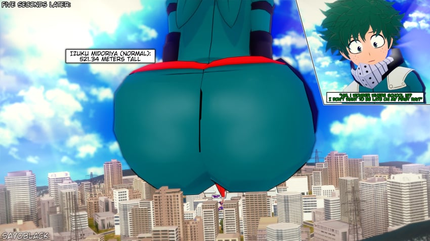 3d ass_bigger_than_head ass_bigger_than_torso big_ass big_breasts bubble_butt city crowd crowd_watching deku extreme_size_difference giant_male huge_ass izuku_midoriya koikatsu larger_male looming looming_over male_is_bigger midoriya_izuku mount_lady my_hero_academia showing_ass showing_off size_difference text text_box unaware yuu_takeyama