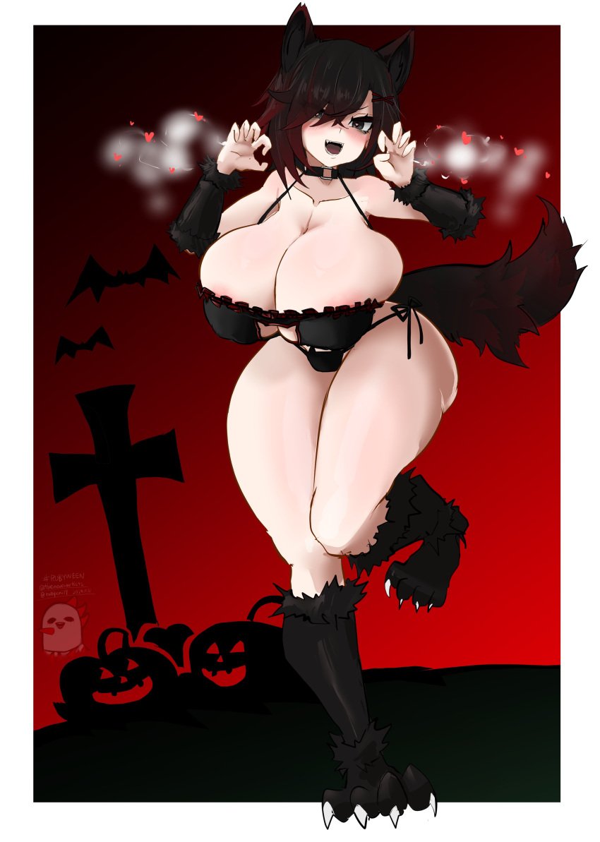 alternate_body_type alternate_breast_size alternate_species black_hair gigantic_breasts gradient_hair halloween heart-shaped_pupils heart_eyes huge_breasts in_heat large_breasts lingerie odakubara red_hair ruby_rose rwby silver_eyes tagme voluptuous wolf_ears wolf_girl wolf_tail