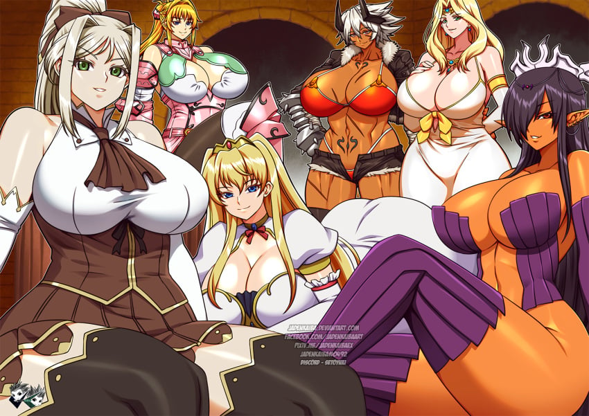 6girls black_hair blonde_hair buta_no_gotoki_sanzoku_ni_torawarete_shojo_o_ubawareru_kyonyuu_himekishi_&_onna_senshi:_zettai_chinpo_nanka_ni_maketari_shinai!!_the_animation butahimesama:_queen_meets_orc cleavage cleavage_cutout crossover dark-skinned_female dark_elf elf elf_ears elf_female harem helga_(buta_no_gotoki) henrietta_(buta_no_gotoki) hentai himekishi_lilia huge_breasts inda_no_himekishi_jeanne irena_(butahimesama) jadenkaiba jeanne_grenoble kuroinu_~kedakaki_seijo_wa_hakudaku_ni_somaru~ leila_eberwein lilia_eberwein long_hair looking_at_viewer multiple_girls olga_discordia platinum_blonde_hair pointy_ears scar silver_hair