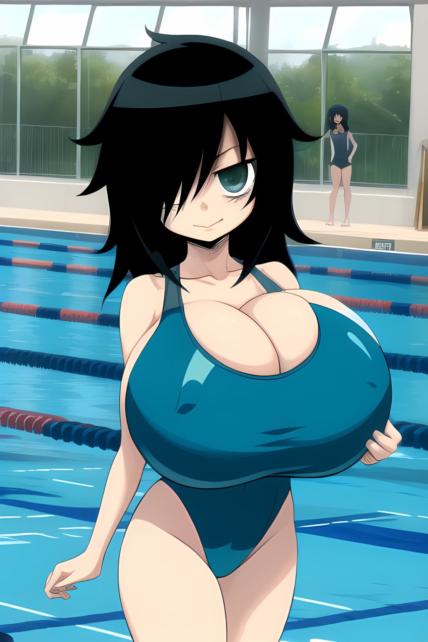 1girls ai_generated alternate_breast_size black_hair blush female gigantic_breasts green_eyes hair_between_eyes huge_breasts kuroki_tomoko looking_at_viewer one-piece_swimsuit pantyhose pool watashi_ga_motenai_no_wa_dou_kangaetemo_omaera_ga_warui!