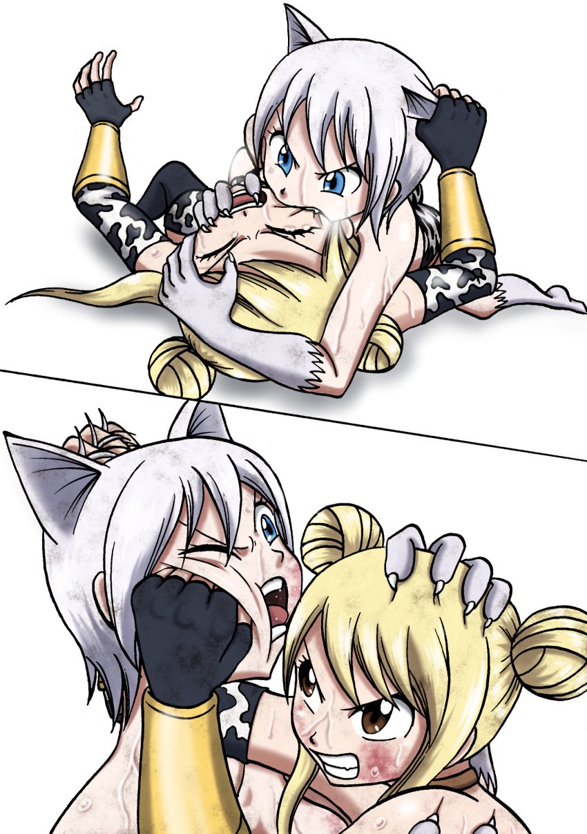 bite biting bruise cat_ears cat_tail catfight catgirl clawed_fingers claws cowgirl_outfit fairy_tail fight fighting lisanna_strauss lucy_heartfilia scratches staredown tattoo thick_thighs thighs wrestling