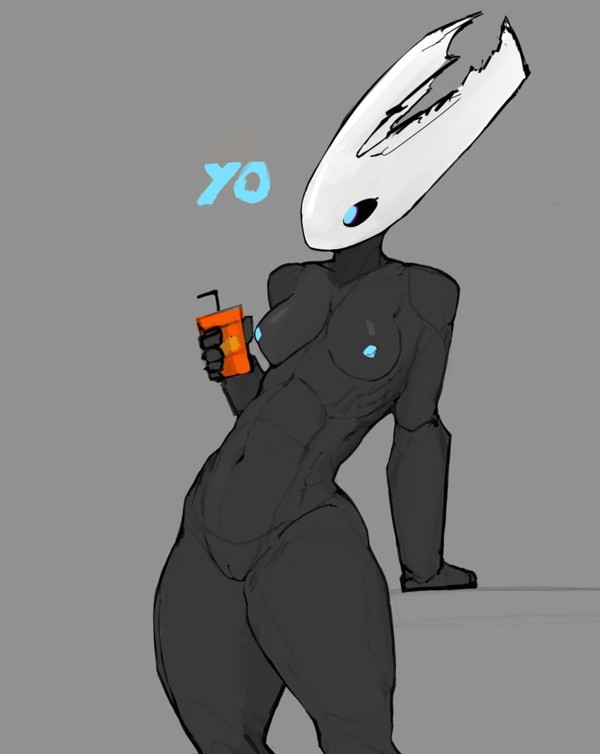 black_body blue_eyes breasts casual casual_exposure casual_nudity glowing glowing_nipples hollow_knight horned_female horned_humanoid hornet_(hollow_knight) juice juice_box looking_at_viewer nipples nude nude_female presenting presenting_breasts presenting_pussy pussy small_breasts spl4ts talking_to_viewer