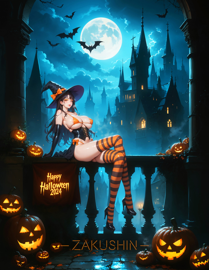 ai_generated bikini_top breasts corset elbow_gloves female halloween high_heels pumpkin stockings striped_legwear witch_hat zaku19