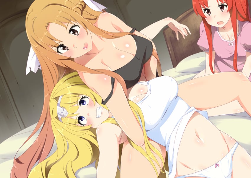 3girls alice_schuberg alice_zuberg animankan asuna_(stacia)_(sao) bed bed_sheet big_breasts blonde_hair breasts brown_eyes catfight cleavage female_focus highres large_breasts light_brown_hair medium_breasts multiple_girls panties purple_eyes red_hair rivals submission_hold sword_art_online tiese_schtrinen underwear wrestling yuuki_asuna